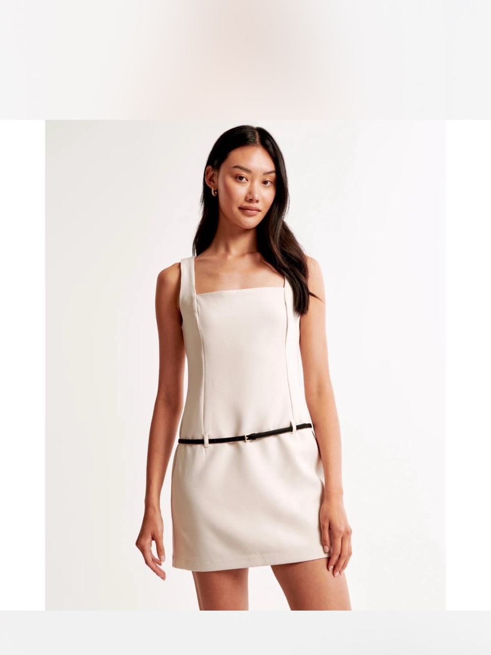 Abercrombie & Fitch Cream Square-Neck Mini Dress with Black Belt